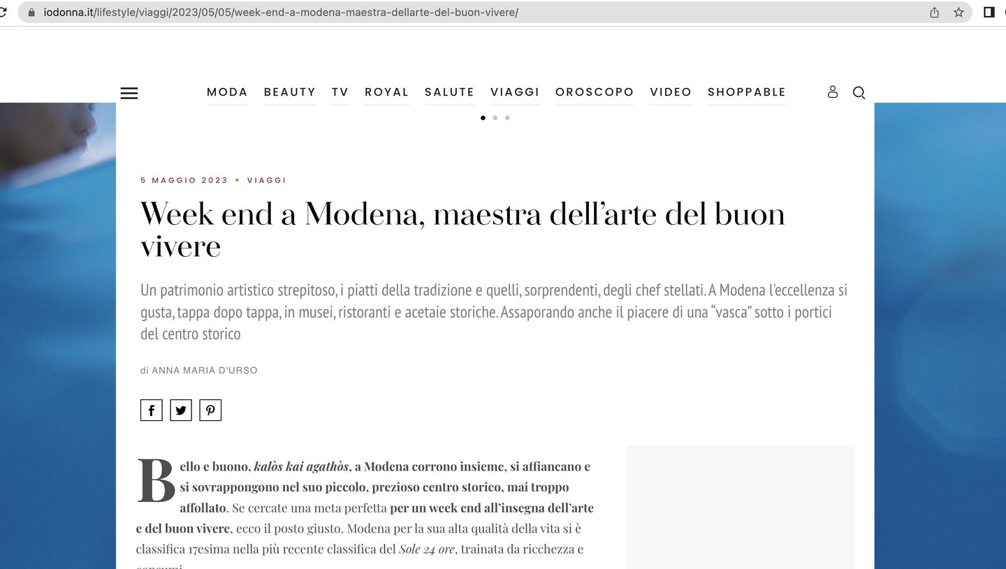 Su IO Donna "Week end a Modena, maestra dell’arte del buon vivere"